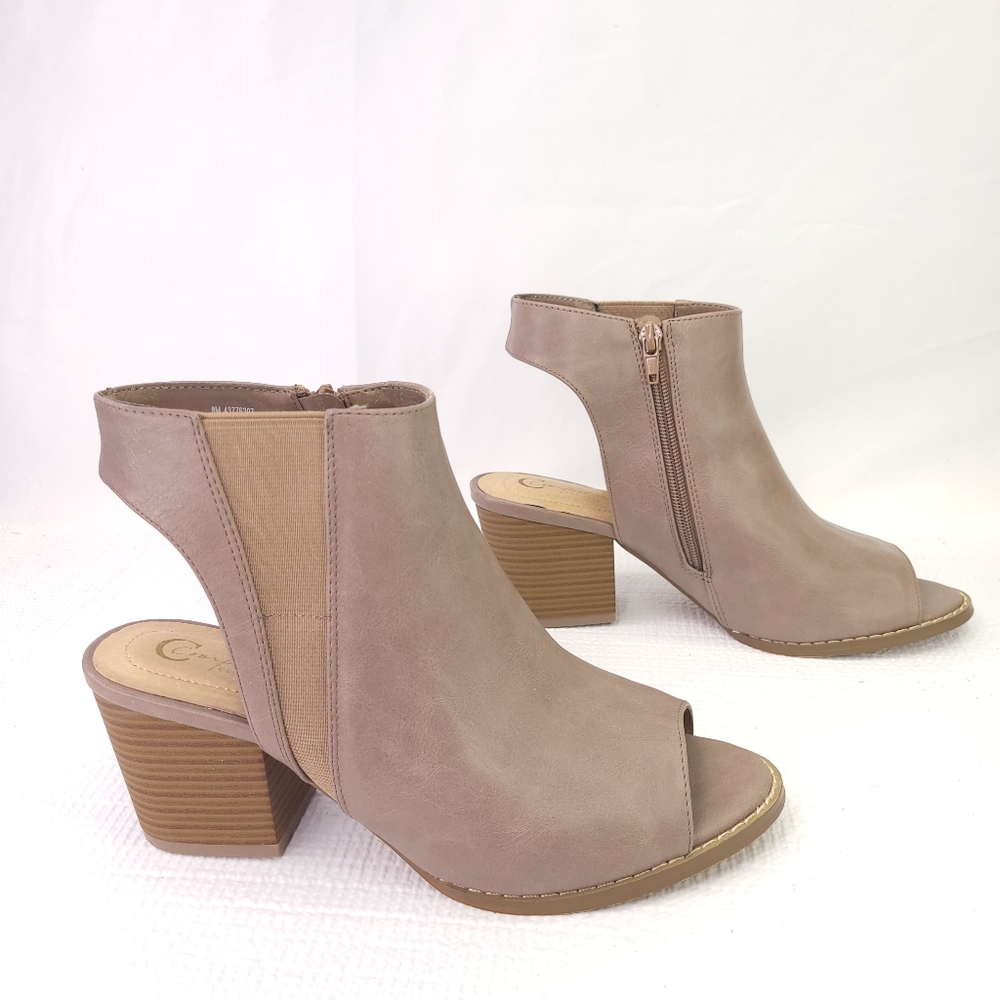Comfort Taupe Vegan Leather Block Heel Sling Back Peep Toe Side Zip Shoes Size 8